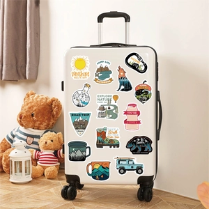 Off-white suitcase decorated with outdoor camping style waterproof PVC stickers