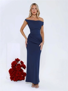 Elegant navy blue one-shoulder maxi dress with ruched waist and floor-length hemline