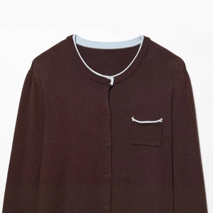 Chic dark brown knit cardigan for women with light blue contrast trim and round neck detail