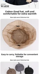 Detail of warm padded bucket hat showing foldable design into a small carry pouch