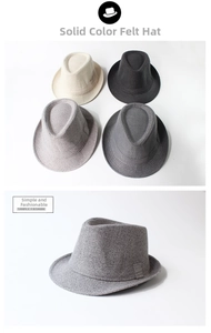 Detail showing classic fedora hats in beige, black, and grey with textured weave finish