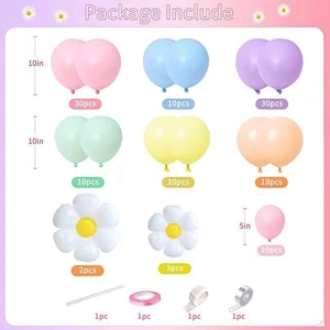 Flat lay of macaron latex balloons and daisy foil balloons set with assembly tools