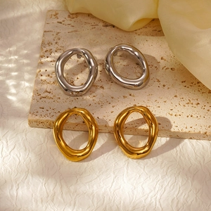 Irregular Geometric Hollow Oval Stud Earrings Stainless Steel 18K Gold Plated Minimalist Style For Women