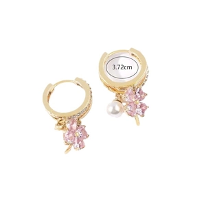 Fashionable gold hoop earrings with pink crystal flowers and white pearls for women
