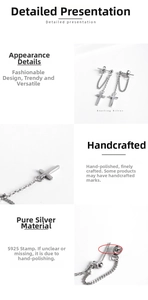 Detailed close-up of S925 sterling silver stamp on cross earring with chain