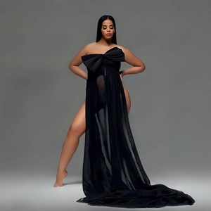Elegant black maternity photography dress with large bow and high-slit chiffon train