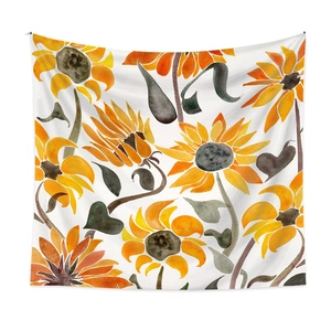 Detailed close-up of watercolor sunflower tapestry fabric showing vibrant floral texture