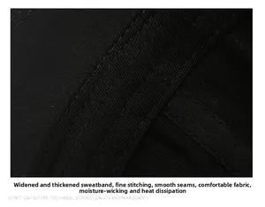 Close-up of wide moisture-wicking sweatband and fine stitching on the black baseball cap
