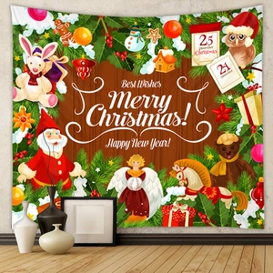Detail view of Bohemian Christmas tapestry with festive wood grain pattern and holiday motifs