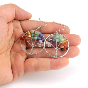 Handmade silver wire-wrapped tree of life earrings with natural multi-color gemstones