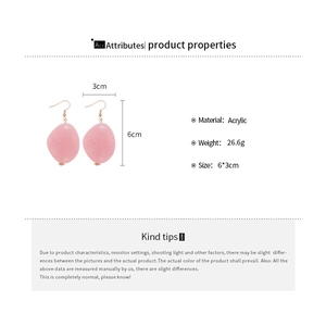 Detailed view of pink acrylic oval earrings showing dimensions 6x3cm and 26.6g weight