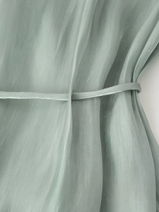 Detail of glossy pale green organza fabric with matching slim belt and texture
