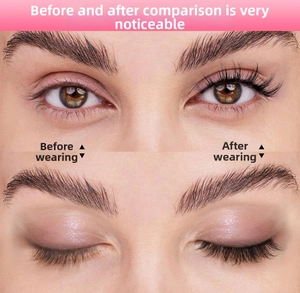 Detail view of 3D magnetic eyelashes showing before and after wearing effect on eyes