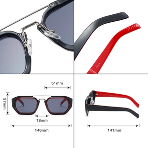 Retro small square sunglasses with black frame and red temples featuring metallic nose pads