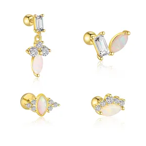 S925 sterling silver marquise opal stud earrings with sparkling cubic zirconia accents