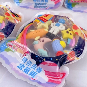Detail view of space themed eraser set featuring astronauts, rockets and planets