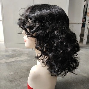 Side view of long black curly wig with natural bounce on a white mannequin head