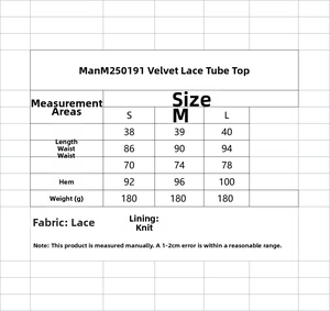 Tableau des tailles détaillé pour bustier en dentelle de velours avec mesures de taille