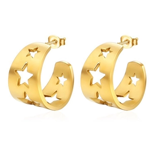 18K gold plated stainless steel hoop earrings with hollow star patterns on white background