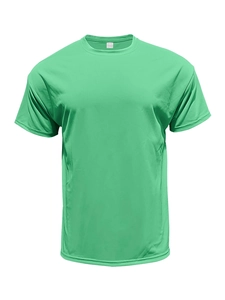 Detailed front view of a green short-sleeved cotton T-shirt with a classic crew neck design