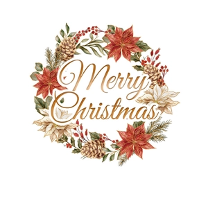 Autocollant mural couronne de Noël avec poinsettia et texte doré Joyeux Noël