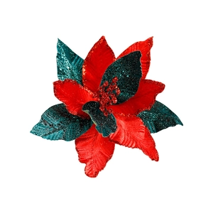Red and dark green velvet Christmas flower with glitter for holiday tree decoration