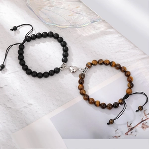Tiger eye and matte stone couple magnetic heart attraction bracelets set for lovers