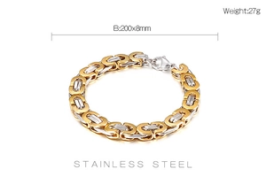 Detail showing 8mm two-tone stainless steel Byzantine chain bracelet with size specs