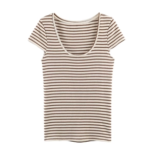 T-Shirt In Maglia A Costine Da Donna Maniche Corte Girocollo Righe Marrone Bianco Vestibilità Aderente Top Basic