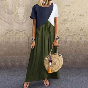 Casual maxi-jurk voor dames met korte mouwen en boho patchwork kleurvlakken