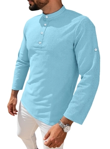 Detail of light blue waffle texture fabric and mandarin collar on men's polo shirt