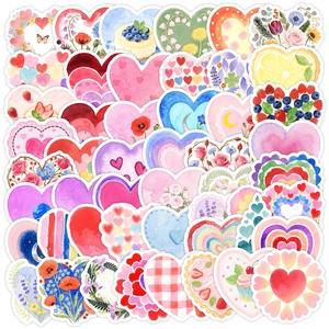 Close-up of heart-shaped stickers featuring colorful floral, fruit, and plaid patterns