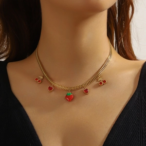 Gold stainless steel woven necklace with 3D strawberry and cherry fruit pendants