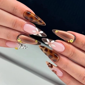 Leopard Print Press On Nails Almond Stiletto False Nails With Zebra Pattern And Floral Design Brown Mocha