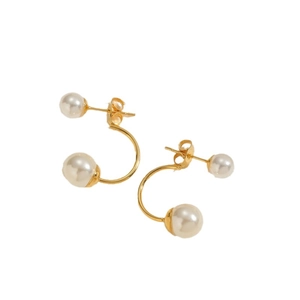 Elegant gold C-shape hoop earrings featuring dual-size white pearls on a minimalist base