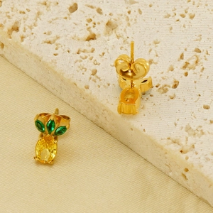 18k gold plated stainless steel pineapple stud earrings with yellow and green crystals