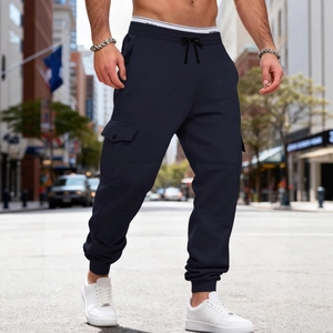 Men's heavyweight fleece cargo joggers in navy blue featuring drawstring and side pockets