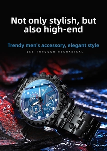 Detail of mechanical watch featuring blue dial with sub-dials and black steel strap