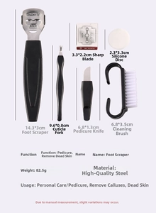 Macro detail of a 10-in-1 stainless steel pedicure tool kit for professional foot care