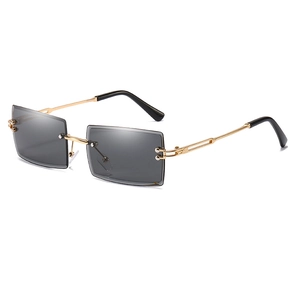 Modern rimless rectangular sunglasses with gold metal temples and grey gradient lenses