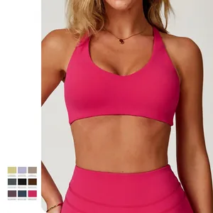 Soutien-Gorge de Sport Yoga Sans Couture pour Femme Haut de Fitness Ajusté Brossé Avec Coussinets Amovibles Dos Croisé