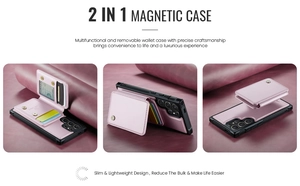Pink leather magnetic wallet case for S22 Ultra showing card slots and stand functionality