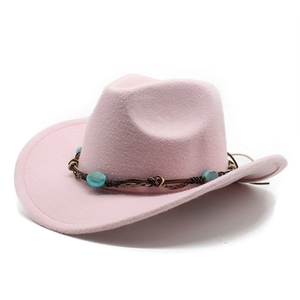 Pink wool felt western cowboy hat with turquoise beaded band and curled brim