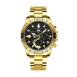 SOKI men's gold steel business watch with black dial and date display on white background