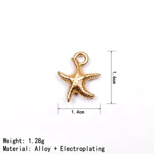 Close-up of golden starfish alloy pendant with 1.6cm x 1.4cm dimensions and weight