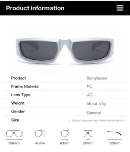Detailed size chart for Y2K sporty wrap sunglasses featuring PC frame and AC lenses