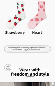 Detail of pink heart and white strawberry patterned mid-calf socks with ribbed cuffs