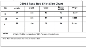 Detailed size chart for rose red embroidered long sleeve shirt with fabric specifications