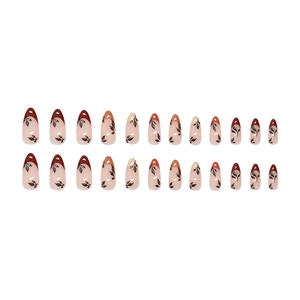 French vintage almond press-on nails with dark reddish-brown leaves and silver glitter