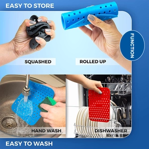 Silicone air fryer liners in black blue and red showing easy storage and wash functions